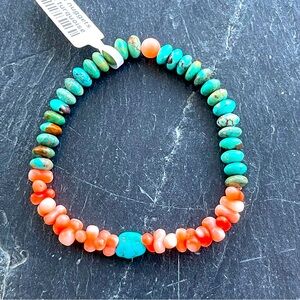 Natural Turquoise rondells and Angel skin Coral Beaded Bracelet 6” long